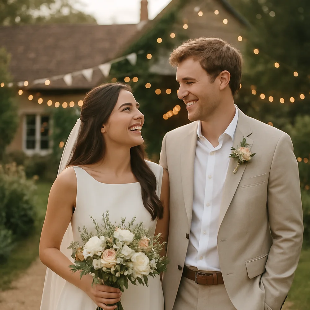 Couple de mariés dans un jardin, illustration du prêt mariage.