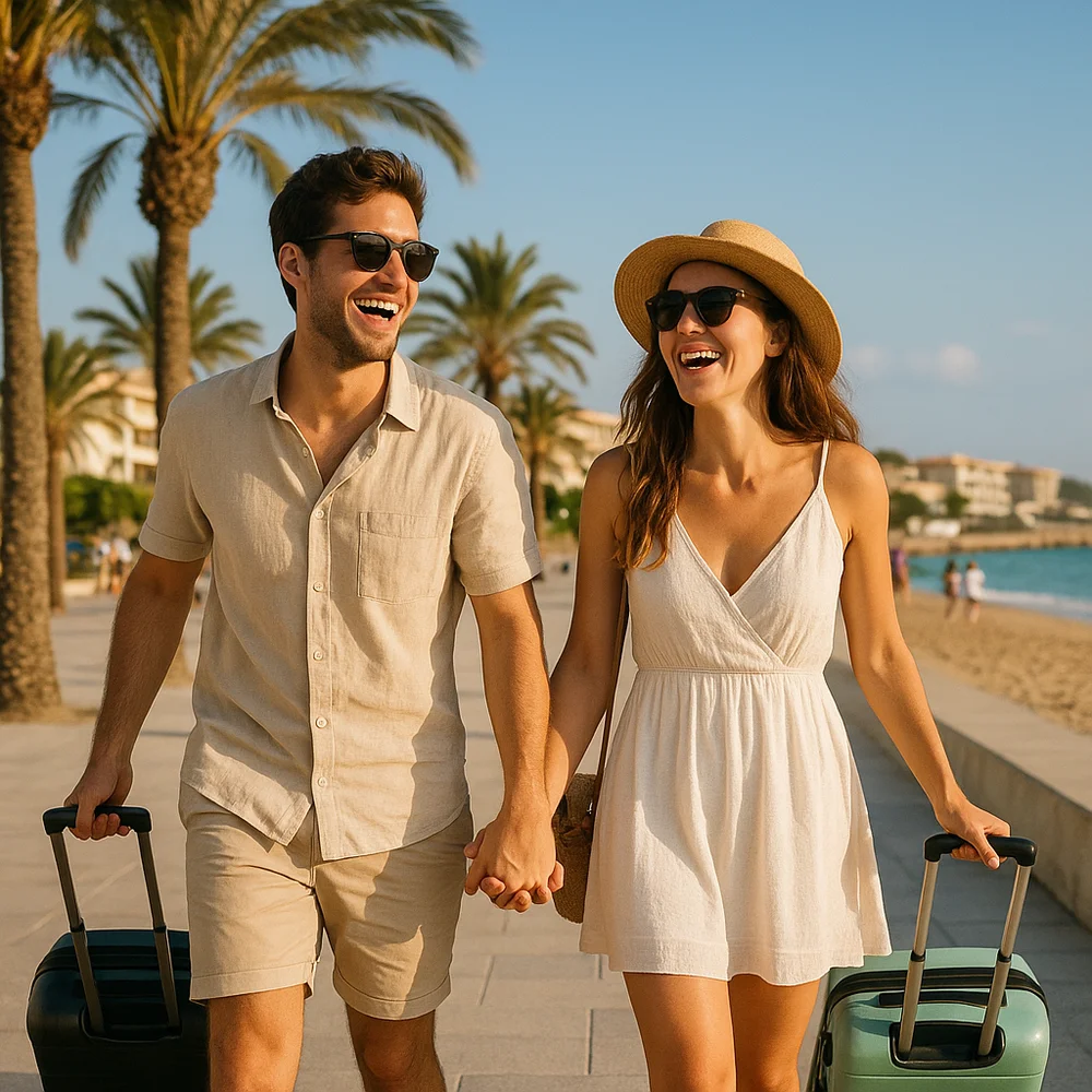 Couple en voyage avec ses valises , illustration du prêt vacances.