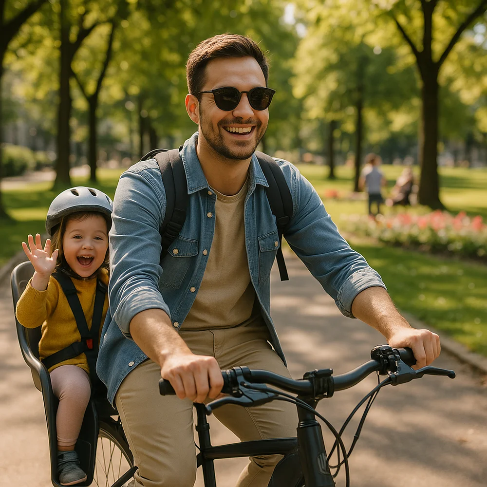 Adulte à vélo avec un enfant sur un siège arrière, illustration du prêt vélo.